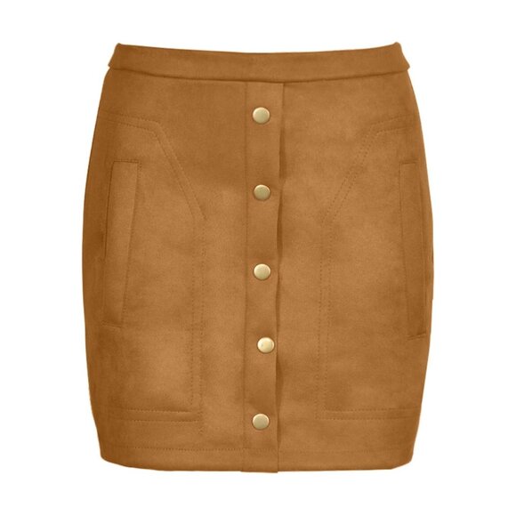 🌸3/$15🌸Cognac Medium Faux Suede Mini Skirt with Pockets and Gold Buttons - Picture 4 of 6